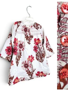 Pink Chicken Girls Dress 2Y Floral Block Print Boho Tunic Pintuck Cream Pink